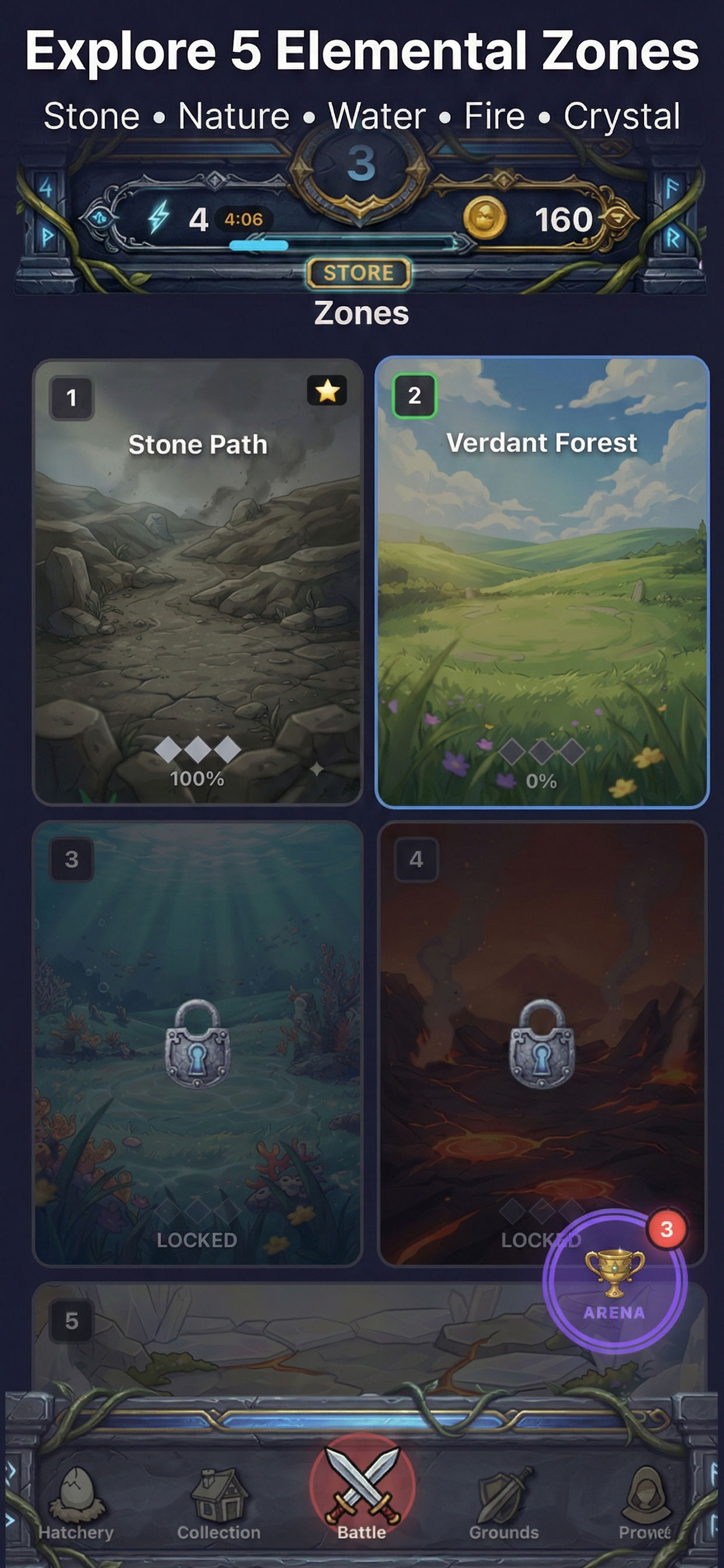 Explore 5 elemental zones with unique challenges